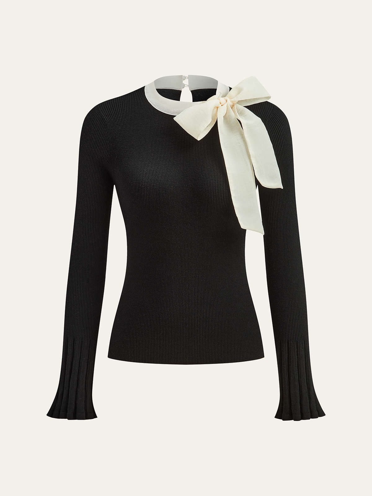 Bow Ribbed Flared Cuff Sweater-Massicos