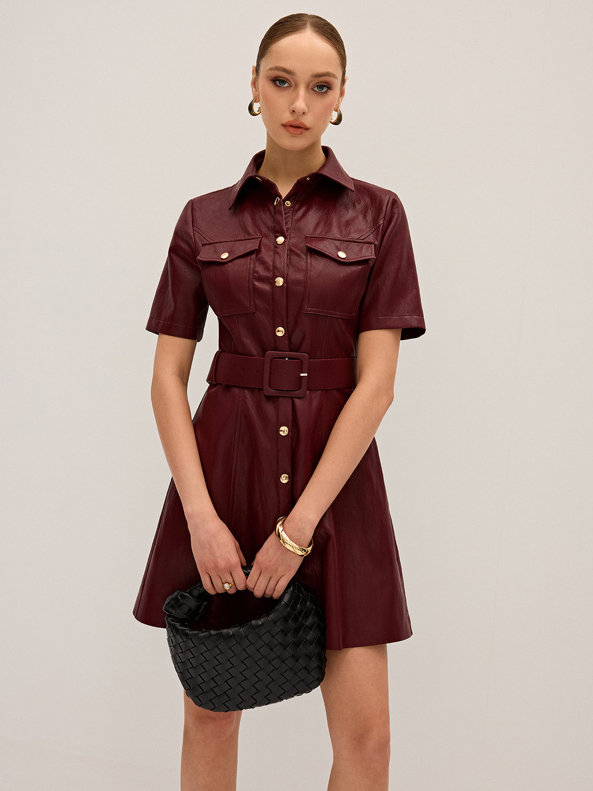 Shirt Collar Belted PU Leather Mini Dress-Massicos