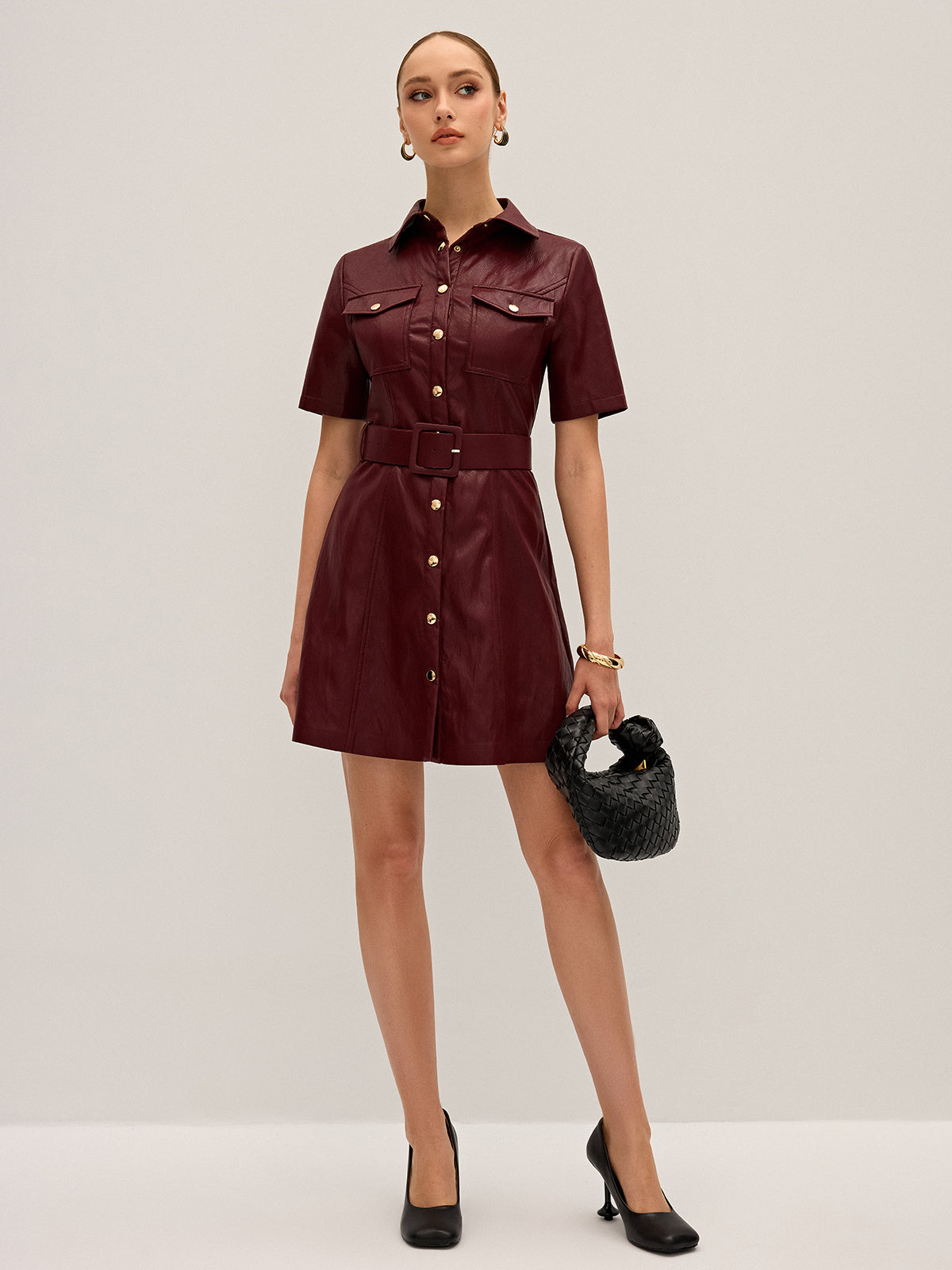 Shirt Collar Belted PU Leather Mini Dress-Massicos