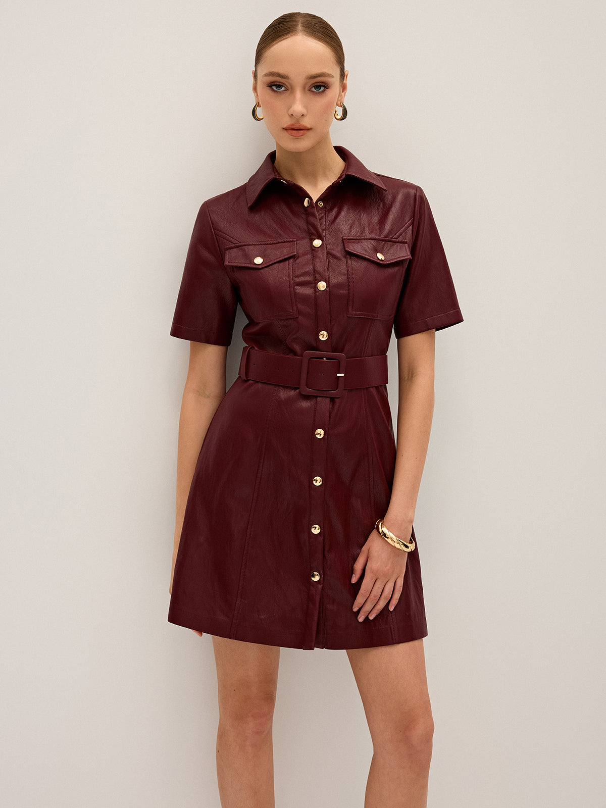 Shirt Collar Belted PU Leather Mini Dress-Massicos