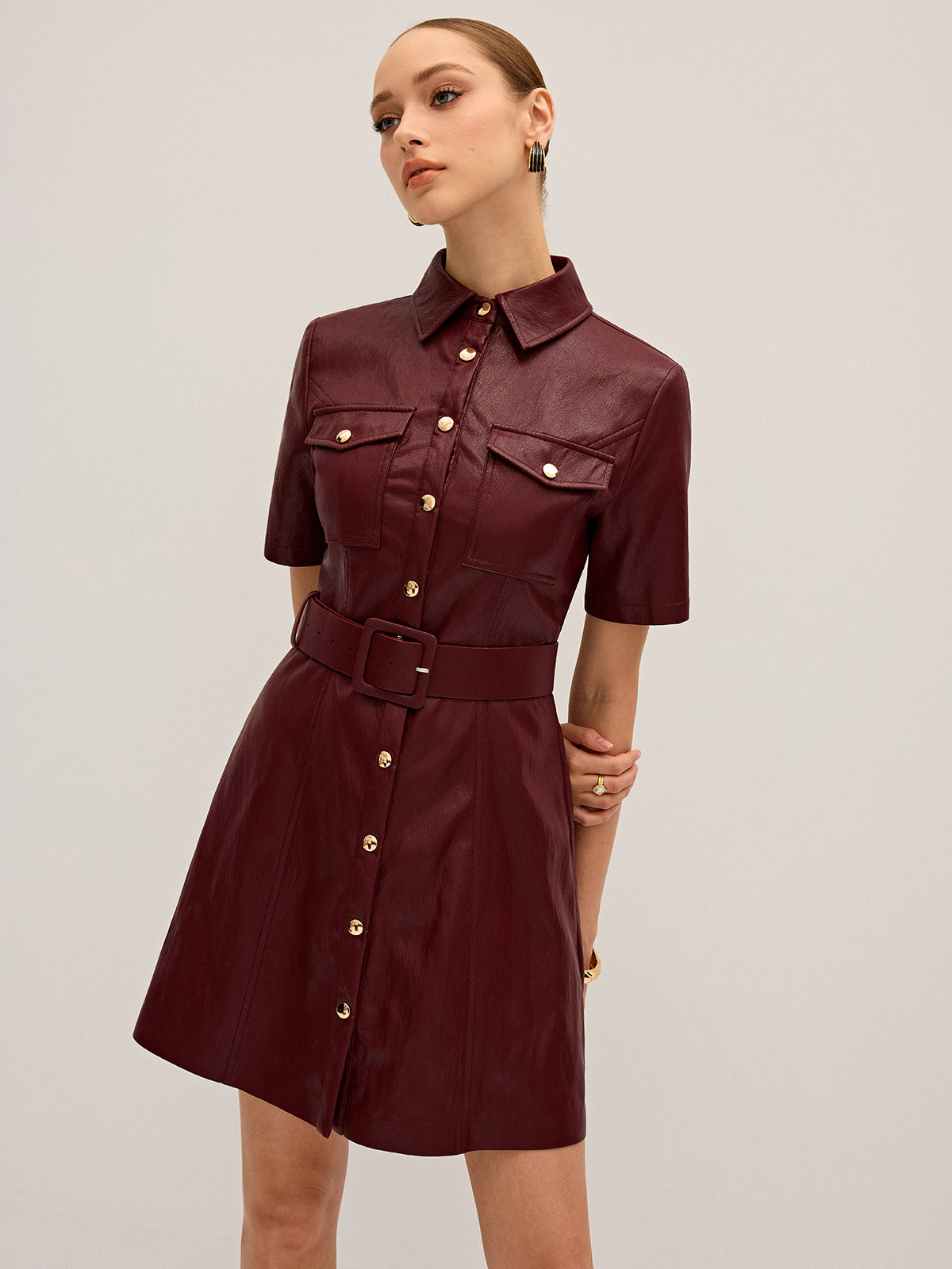 Shirt Collar Belted PU Leather Mini Dress-Massicos