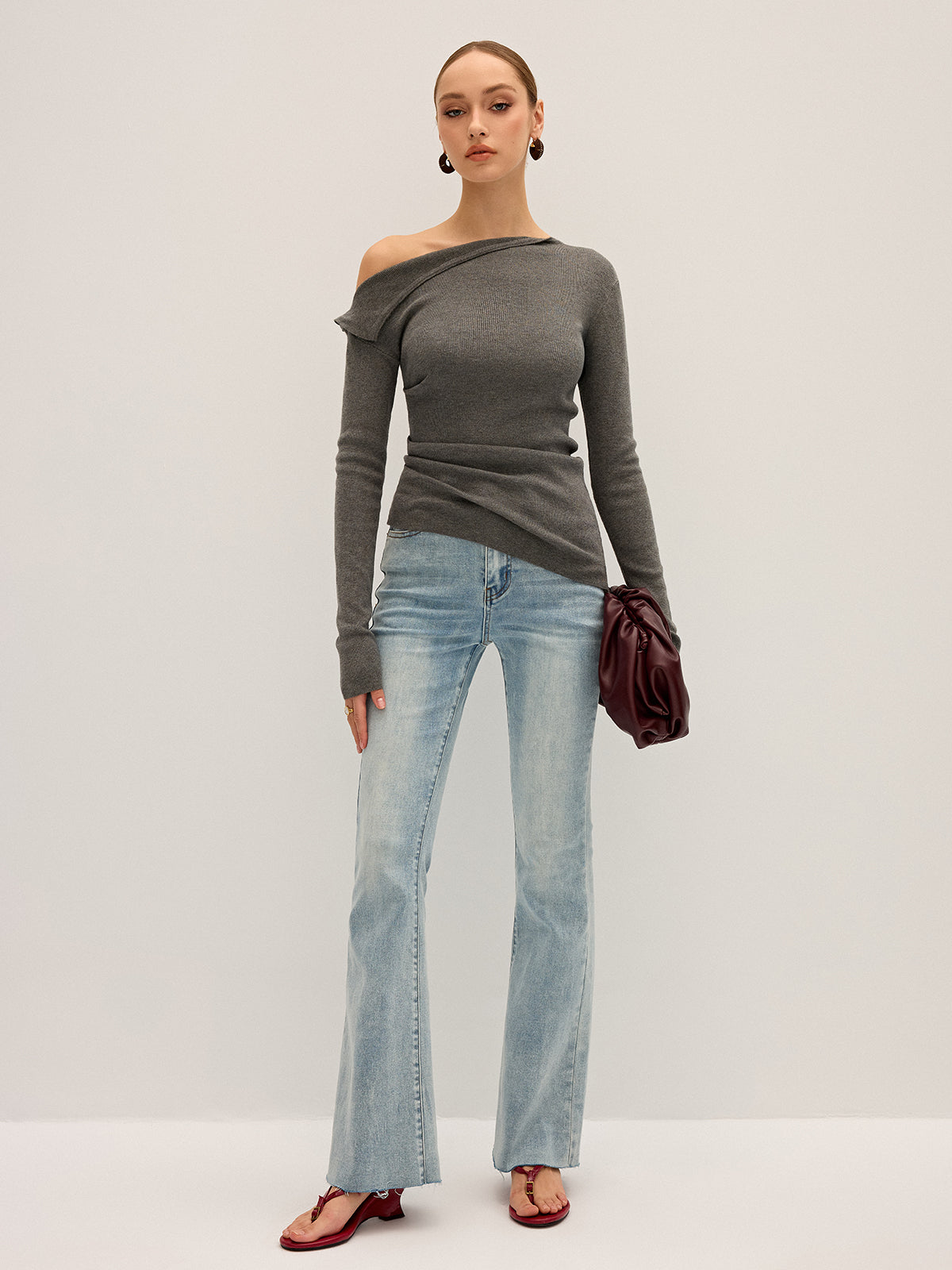 One Shoulder Ribbed Knit Top-Massicos