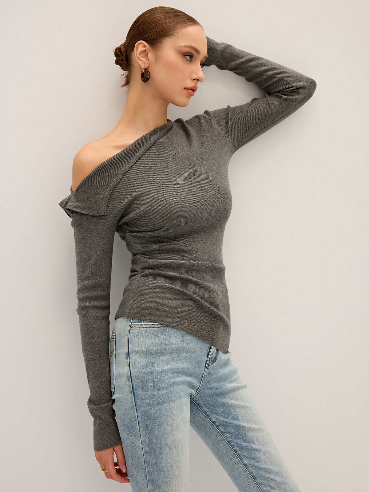 One Shoulder Ribbed Knit Top-Massicos