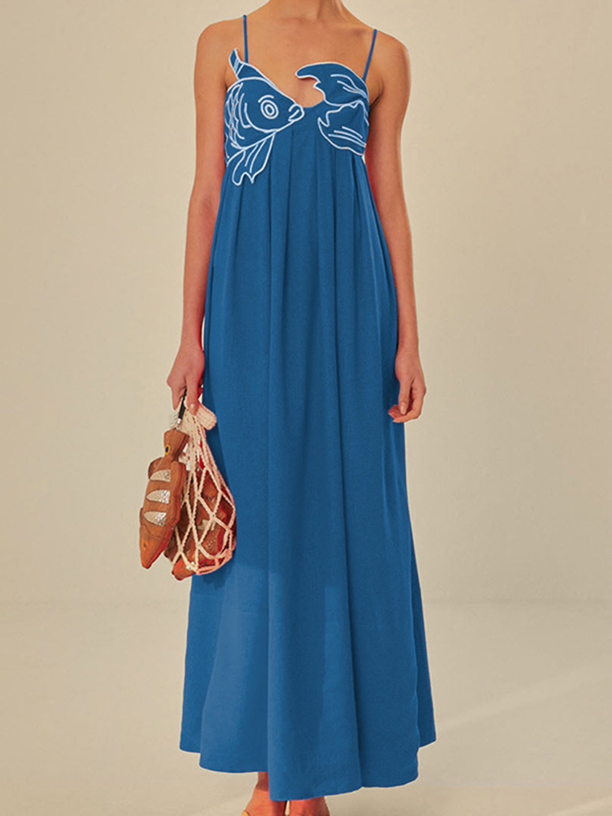 Embroidered Fish Semi-Sheer Cami Dress-Massicos