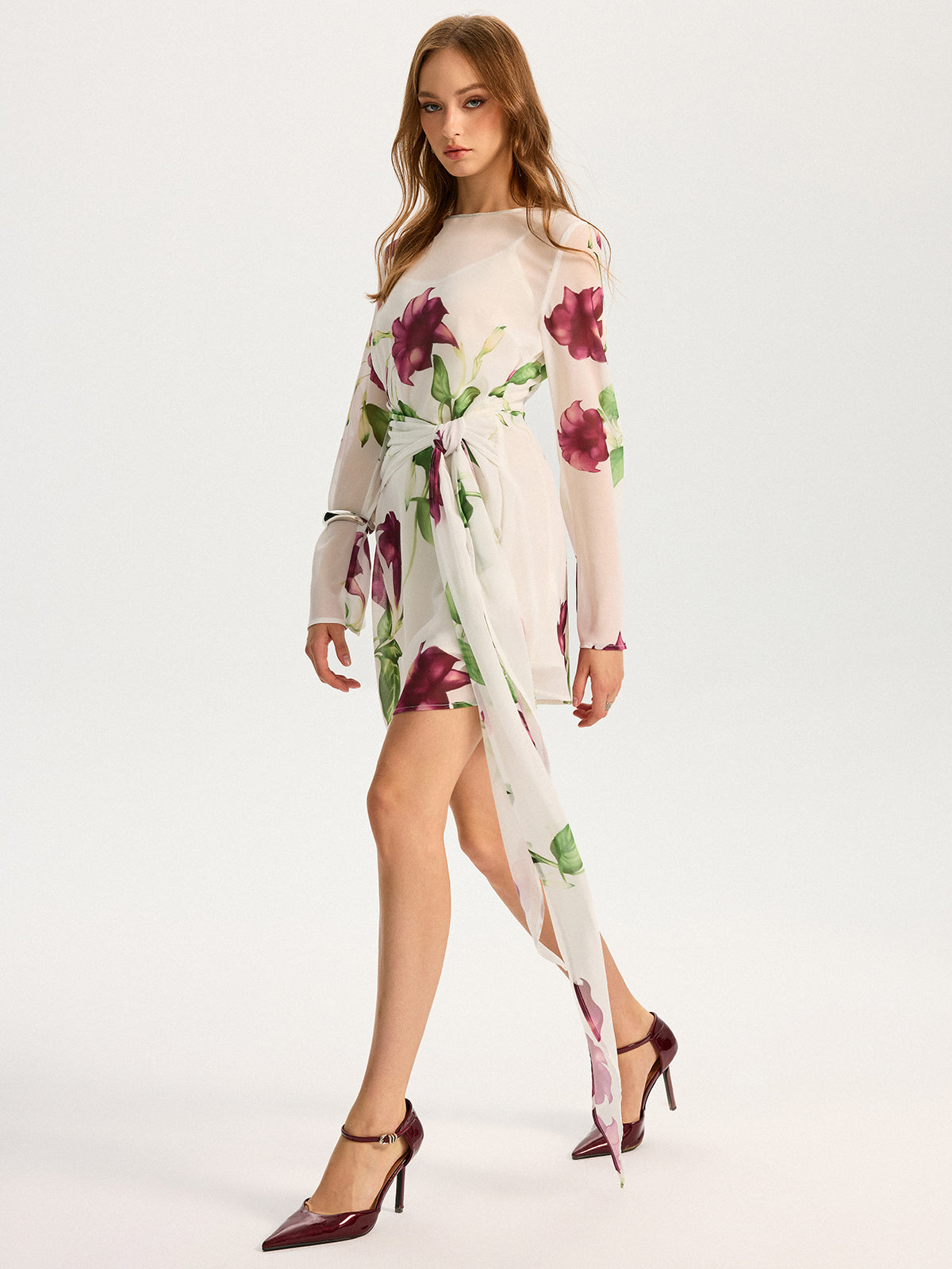 Semi-Sheer Floral Print Chiffon Mini Dress-Massicos