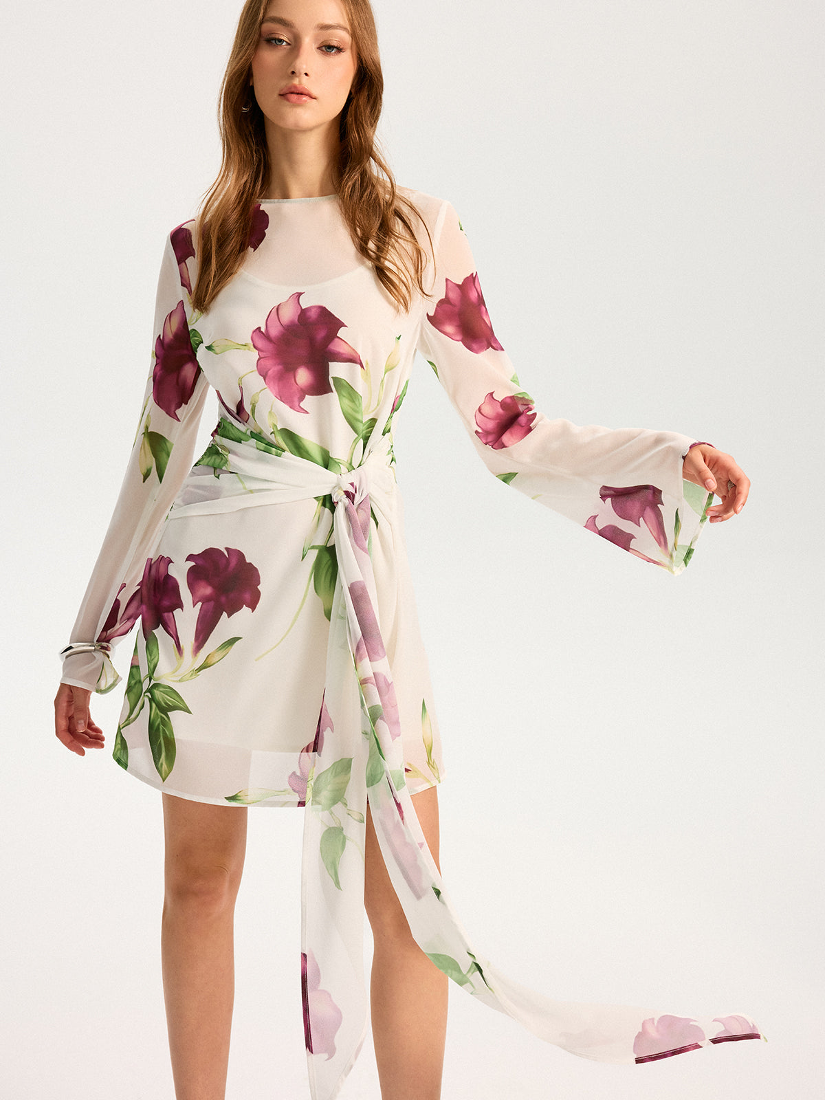 Semi-Sheer Floral Print Chiffon Mini Dress-Massicos
