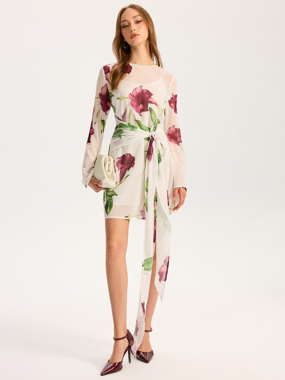 Semi-Sheer Floral Print Chiffon Mini Dress-Massicos