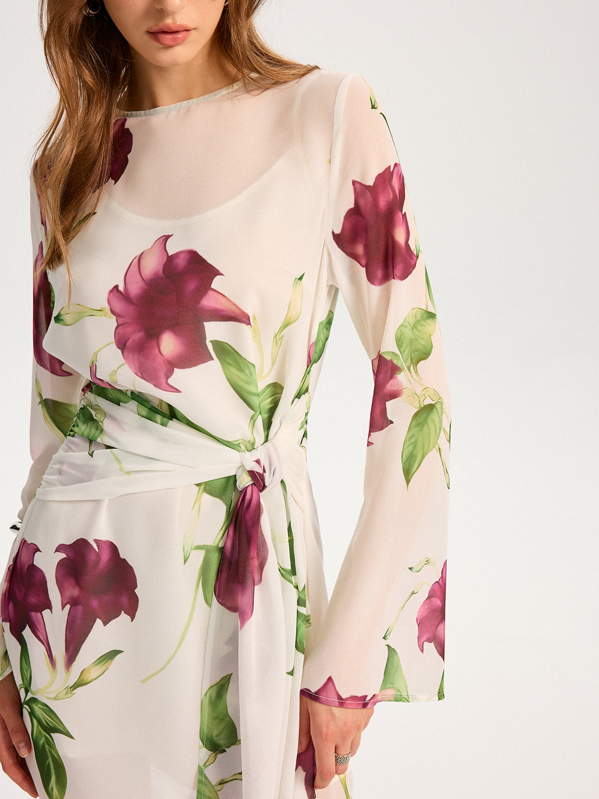 Semi-Sheer Floral Print Chiffon Mini Dress-Massicos