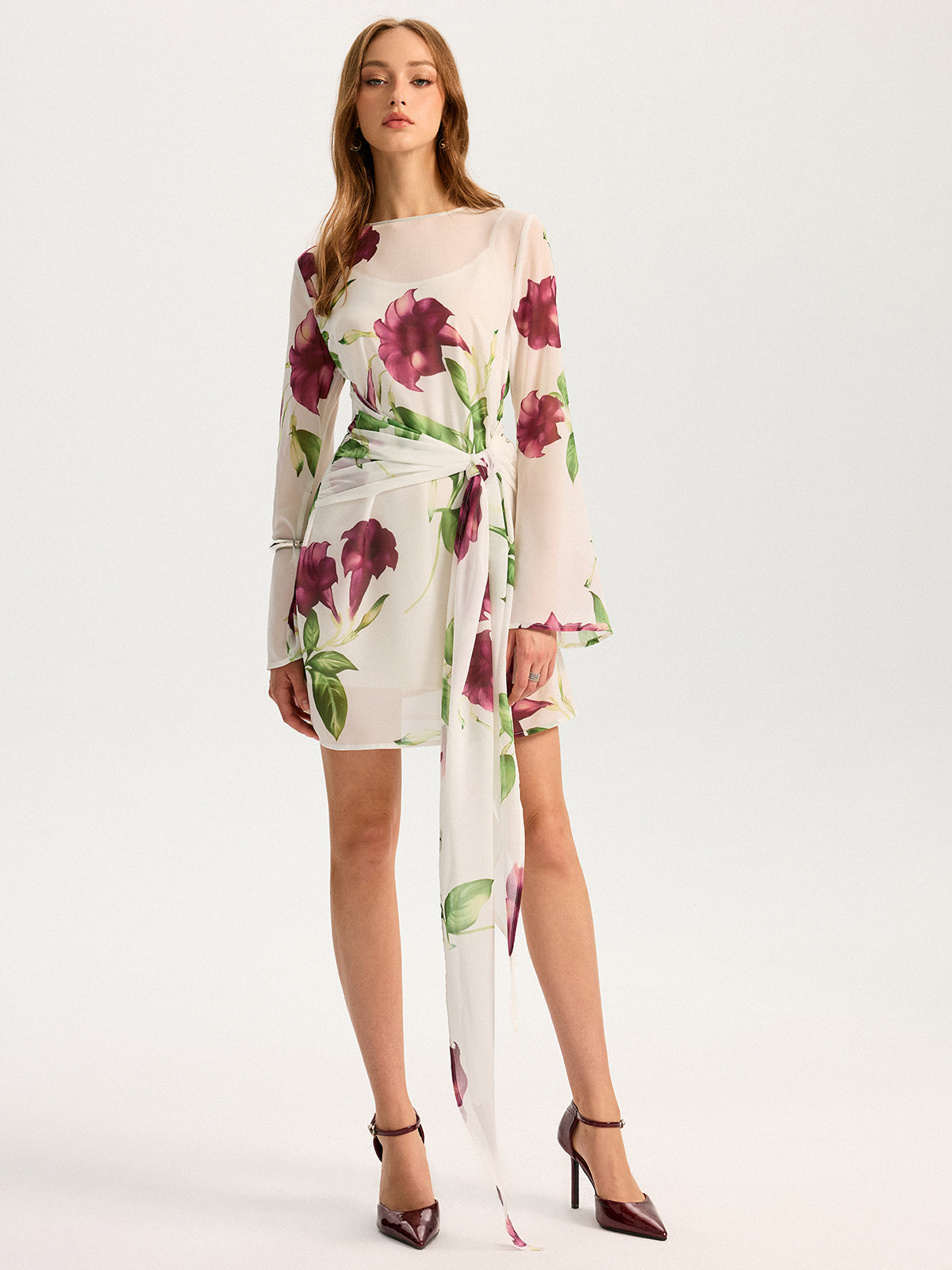 Semi-Sheer Floral Print Chiffon Mini Dress-Massicos