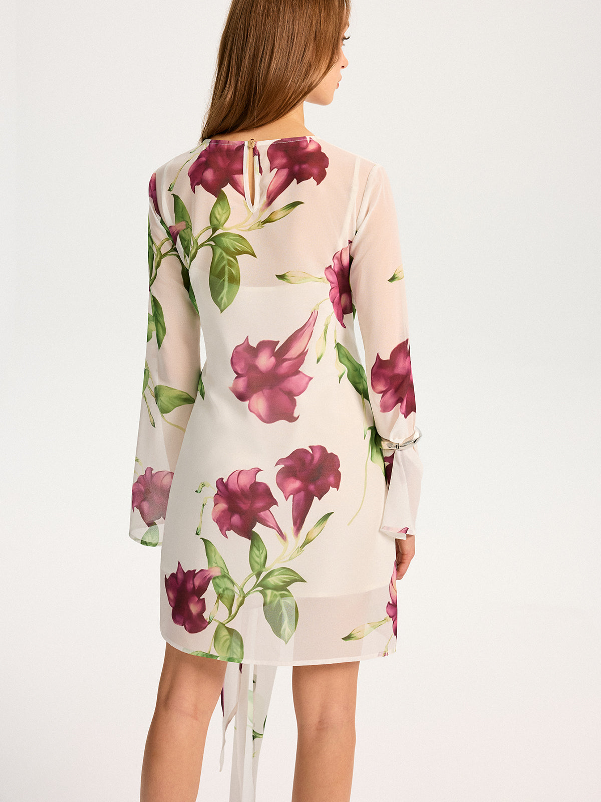 Semi-Sheer Floral Print Chiffon Mini Dress-Massicos