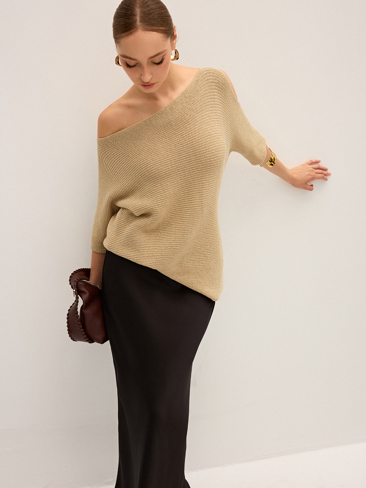 Asymmetric One-Shoulder Knitted Top-Massicos