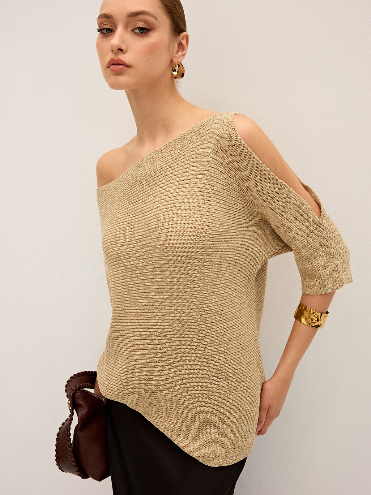 Asymmetric One-Shoulder Knitted Top-Massicos