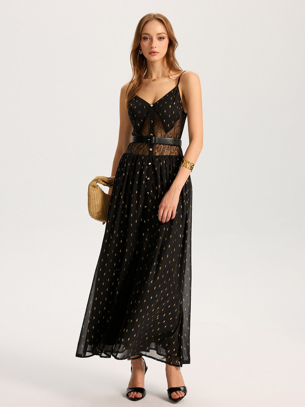 Semi-Sheer Lace Panel Slit Maxi Dress with Belt-Massicos