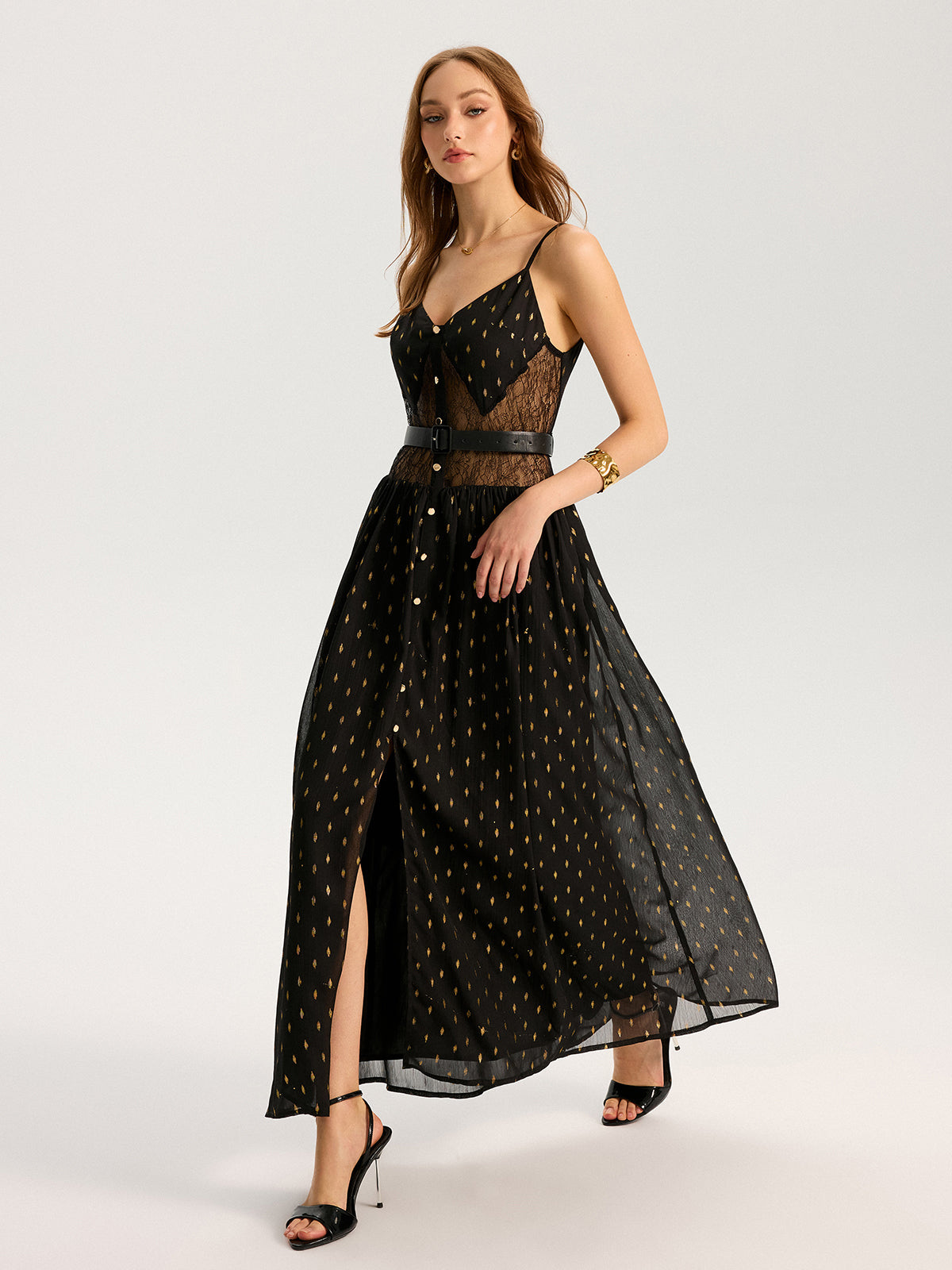 Semi-Sheer Lace Panel Slit Maxi Dress with Belt-Massicos