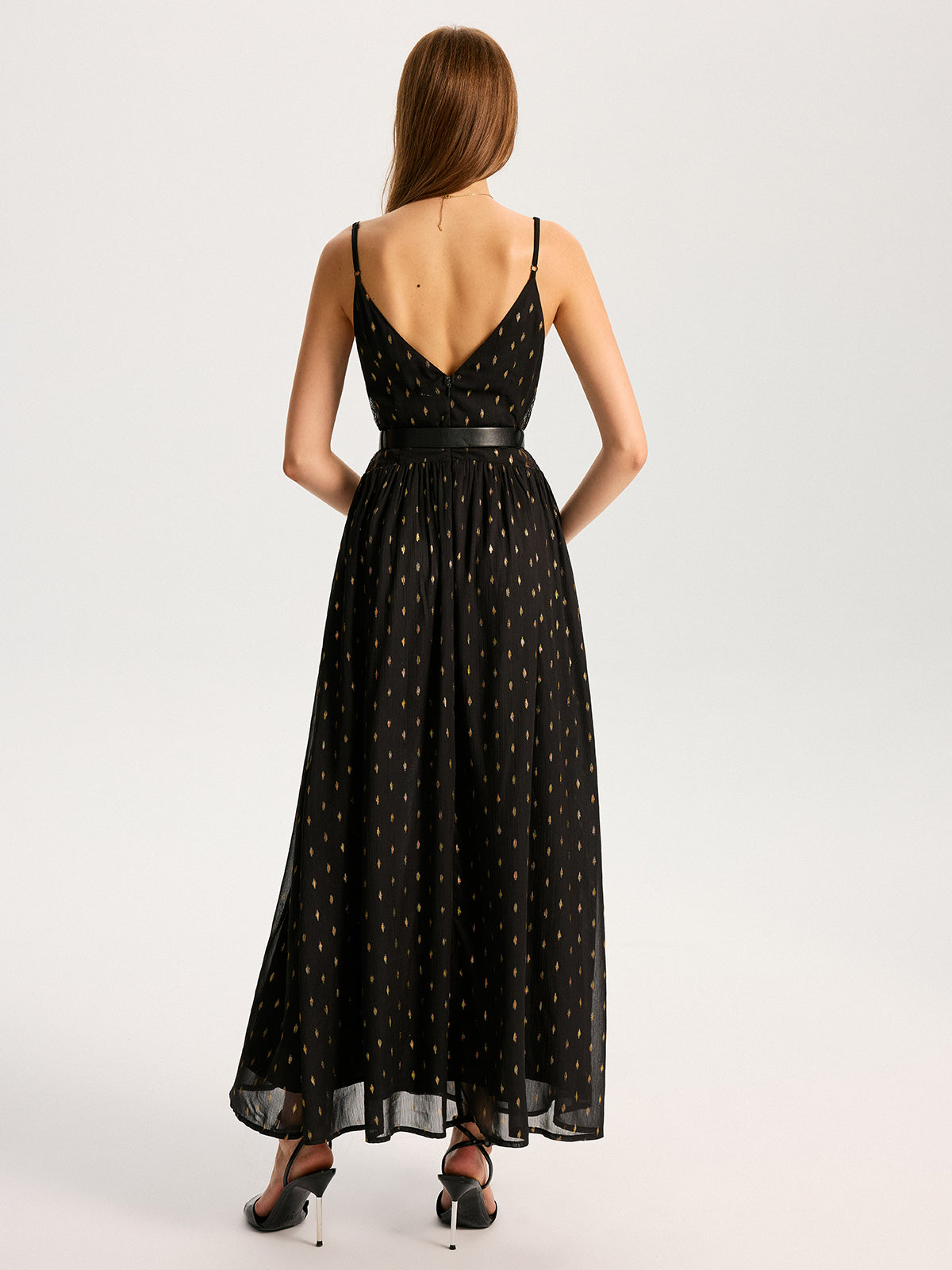 Semi-Sheer Lace Panel Slit Maxi Dress with Belt-Massicos