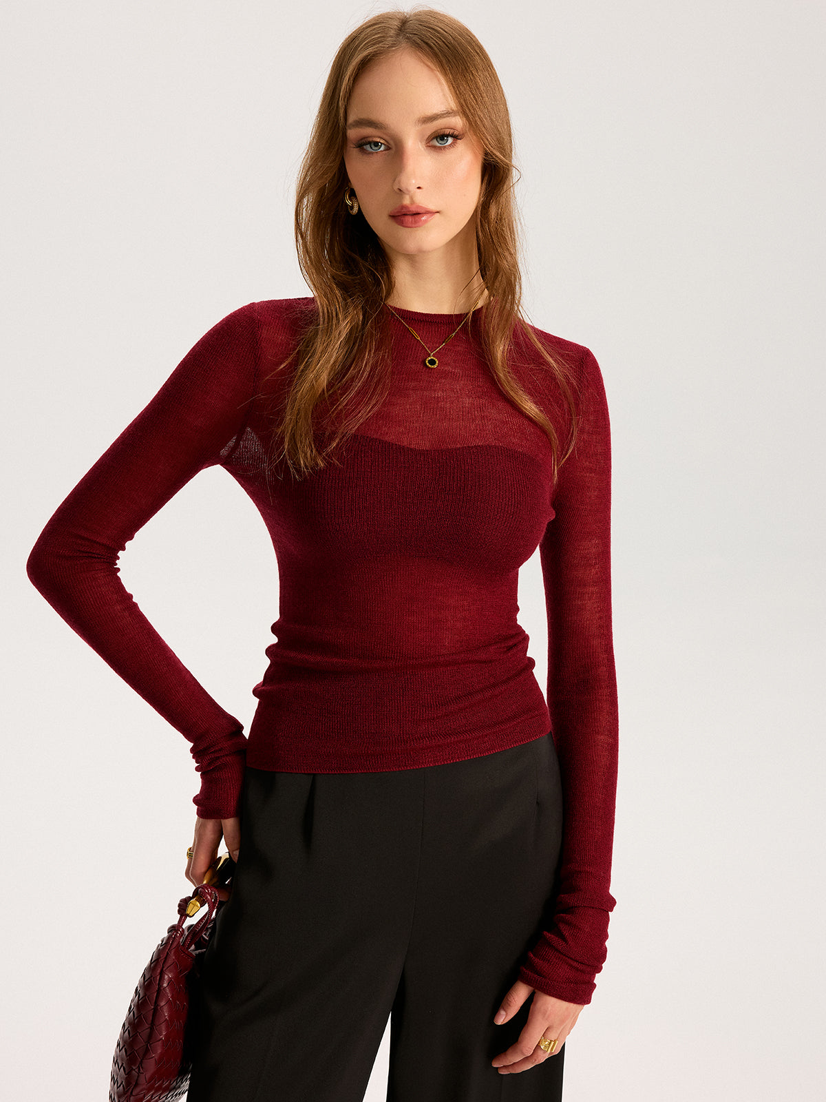 Semi-Sheer Wool-Blend Long Sleeve Knit Top-Massicos