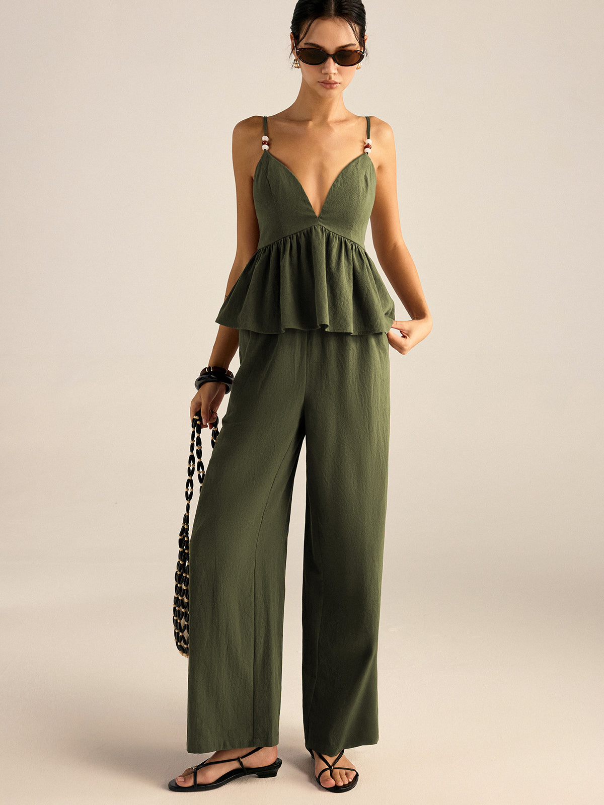 Cotton Peplum Beaded Straps Top and Pants set-Massicos