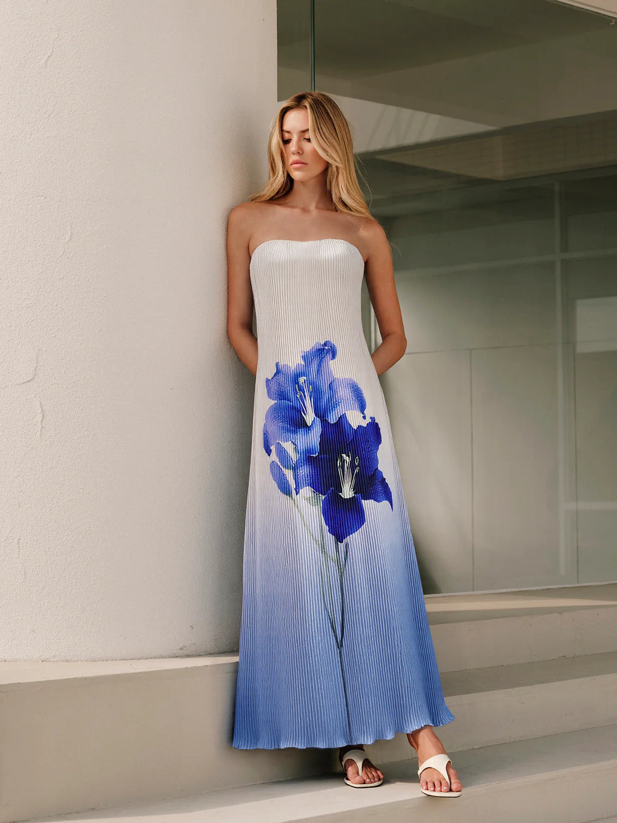 Floral Print Gradient Strapless Pleated Maxi Dress-Massicos
