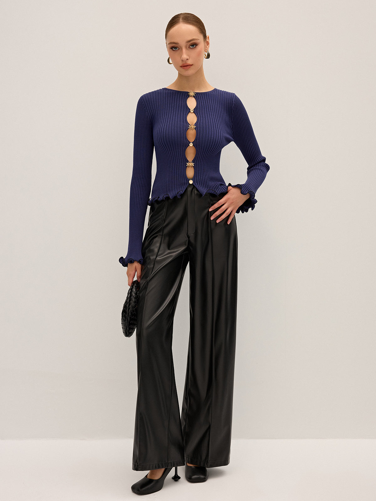 Metal Detail Cut-Out Ribbed Knit Top-Massicos