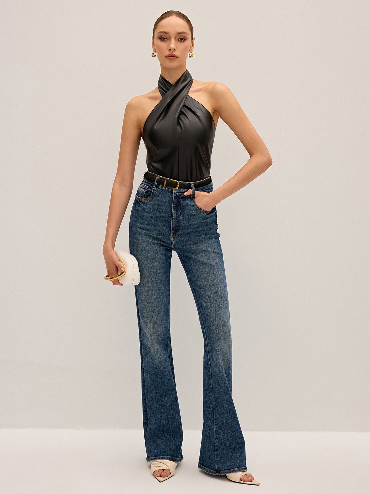 PU Leather Cross Halter Neck Top-Massicos