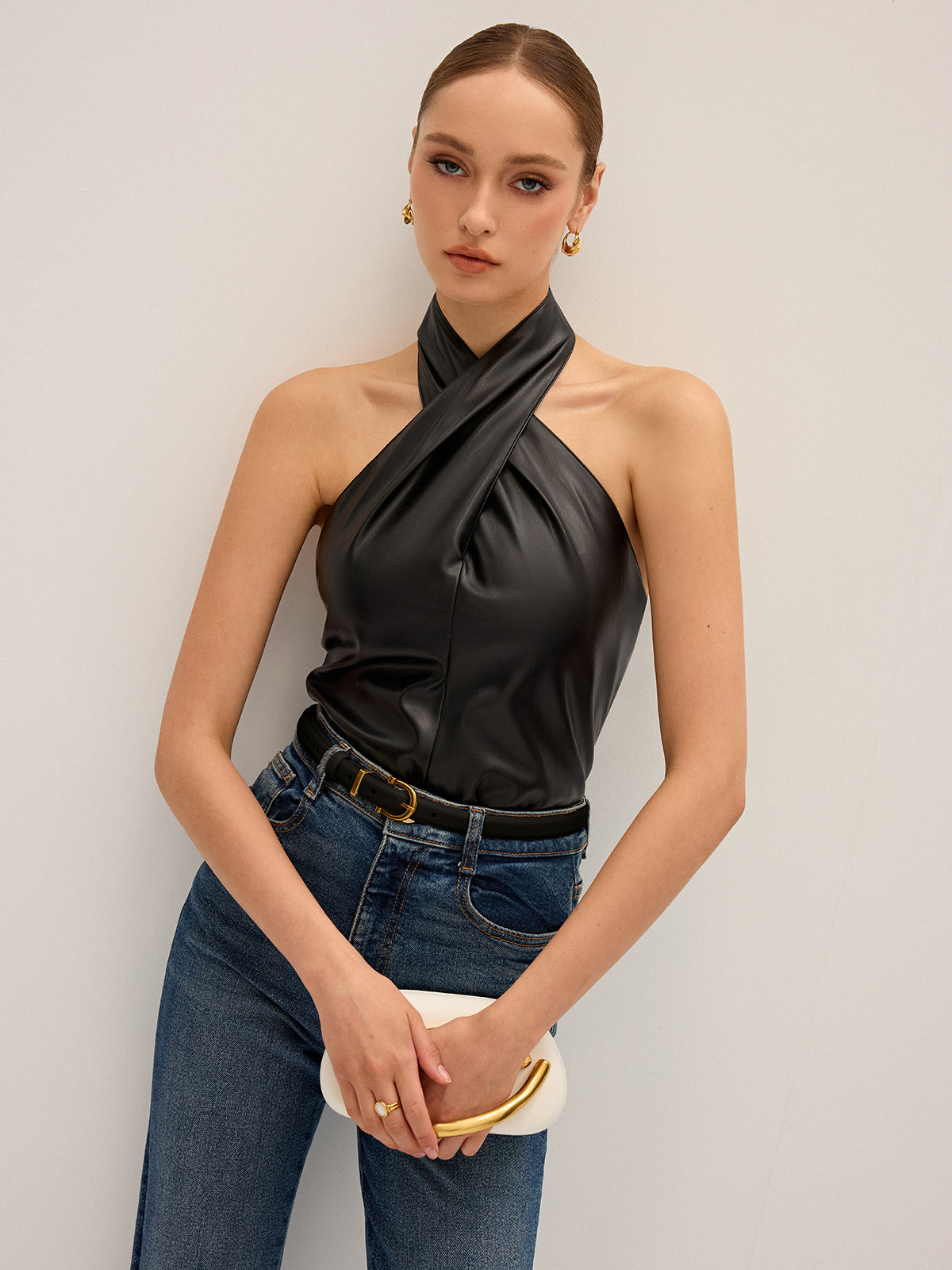PU Leather Cross Halter Neck Top-Massicos