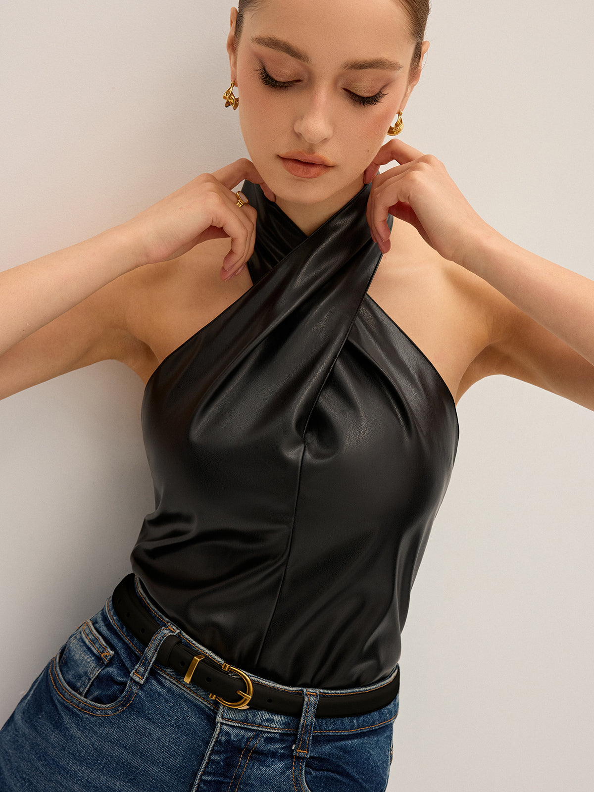 PU Leather Cross Halter Neck Top-Massicos