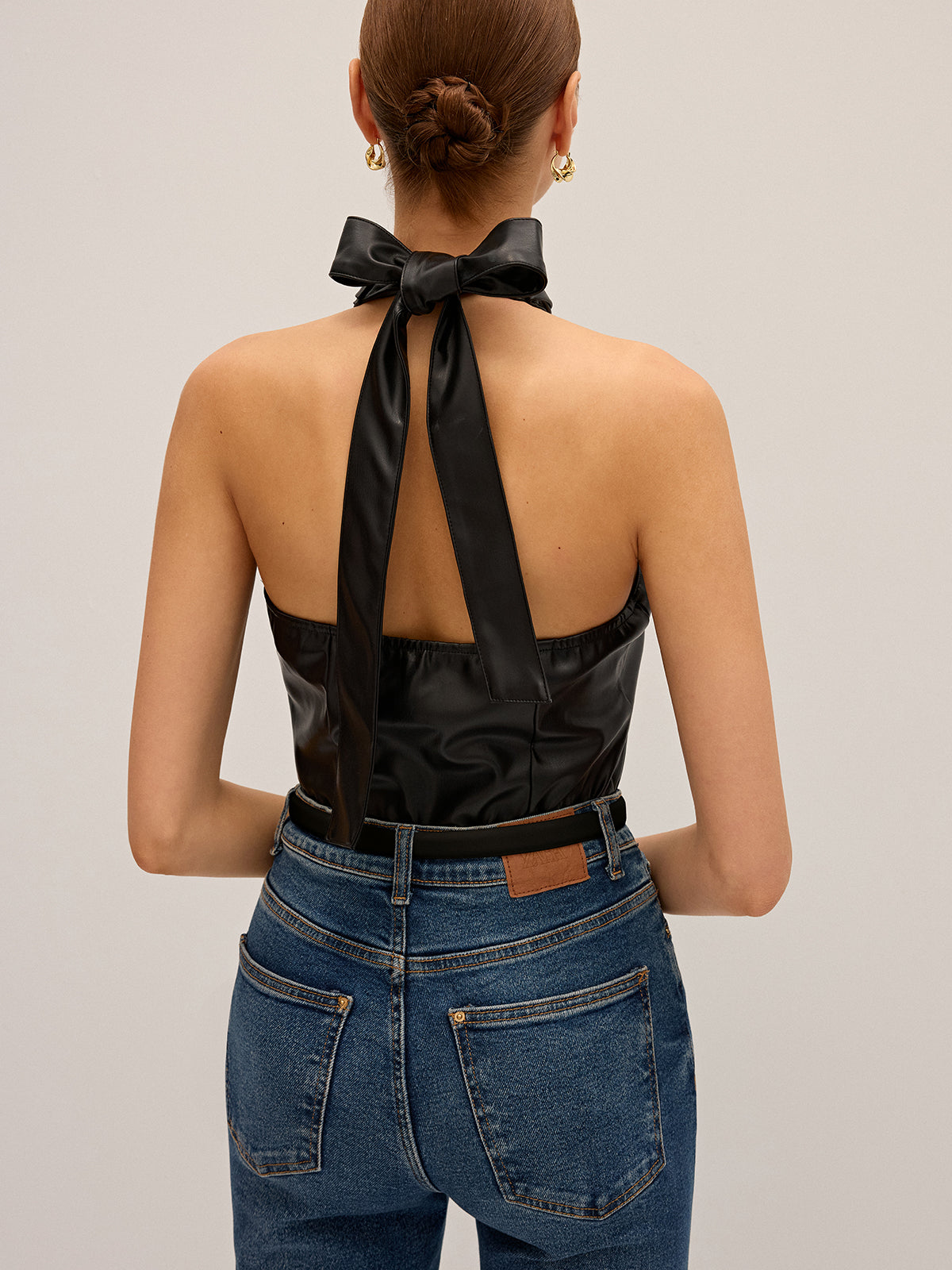 PU Leather Cross Halter Neck Top-Massicos