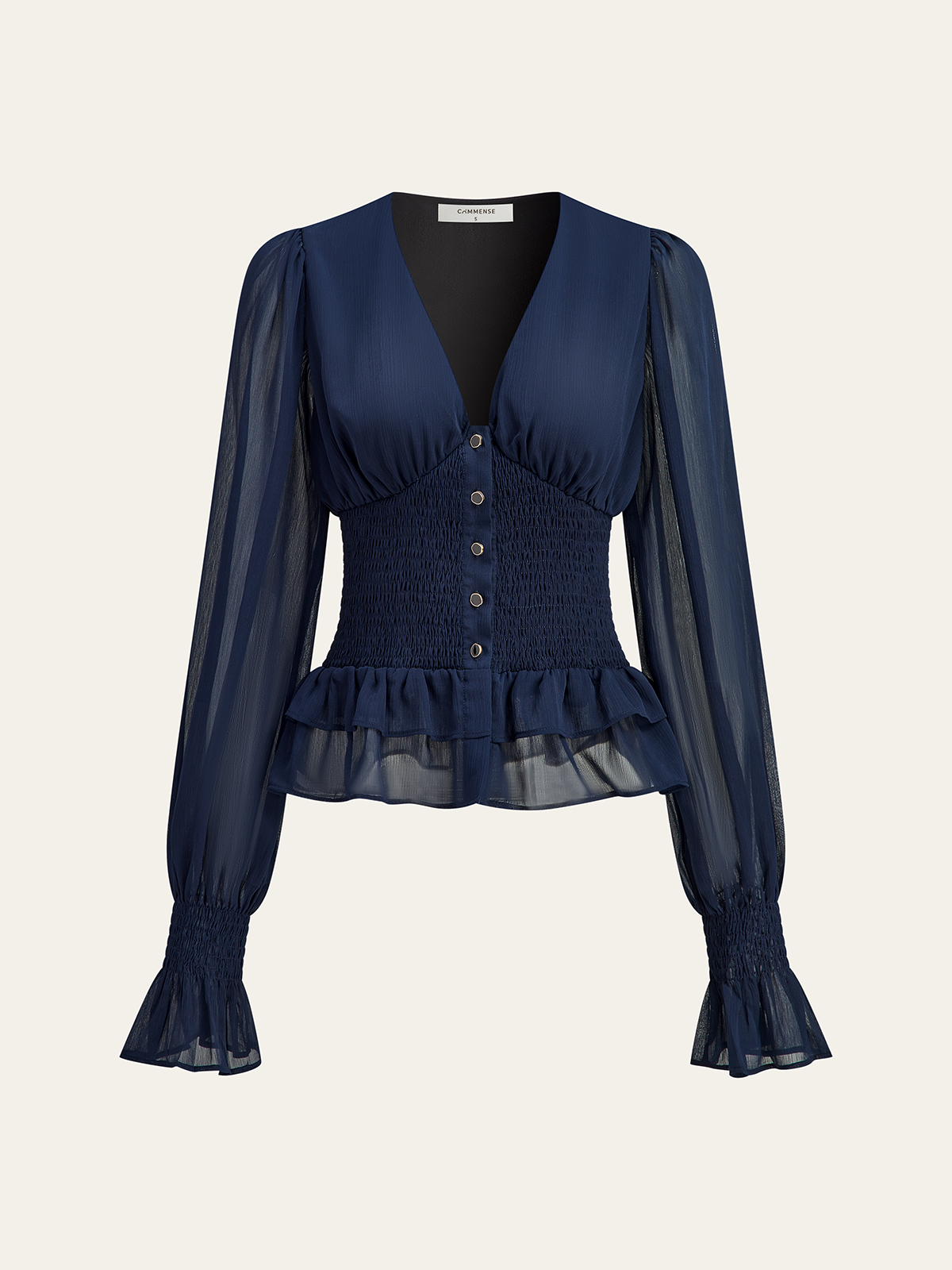 Mesh-Paneled Ruffled Hem Smocked Waist Blouse-Massicos