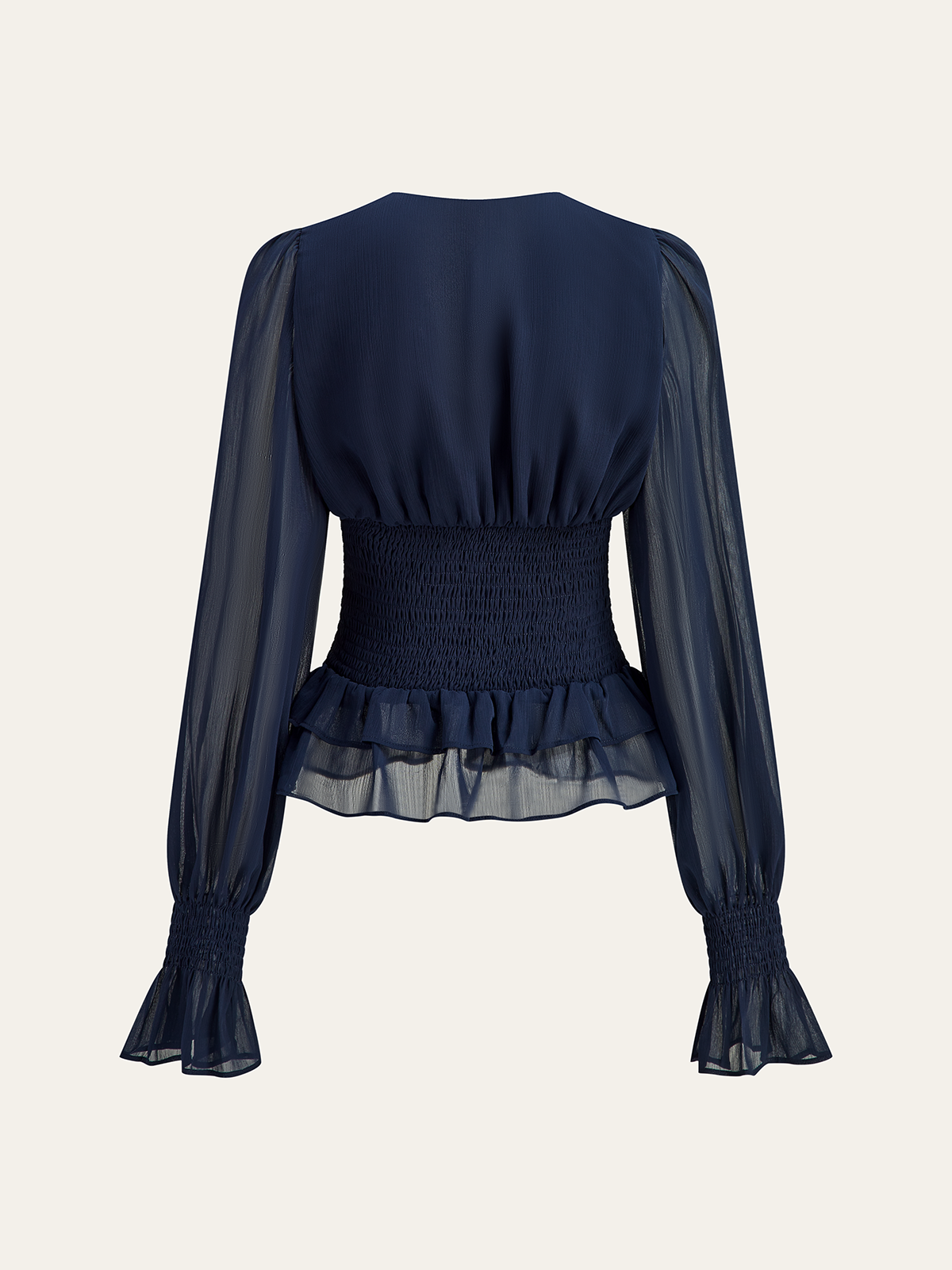 Mesh-Paneled Ruffled Hem Smocked Waist Blouse-Massicos