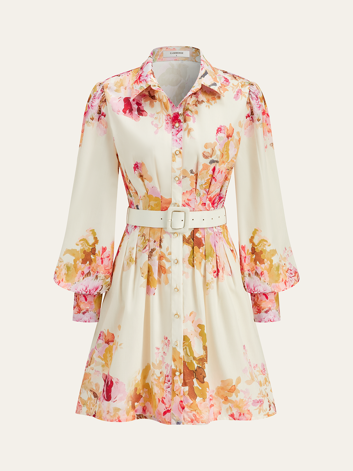 Floral Print Pleated Shirt Dress with Belt-Massicos