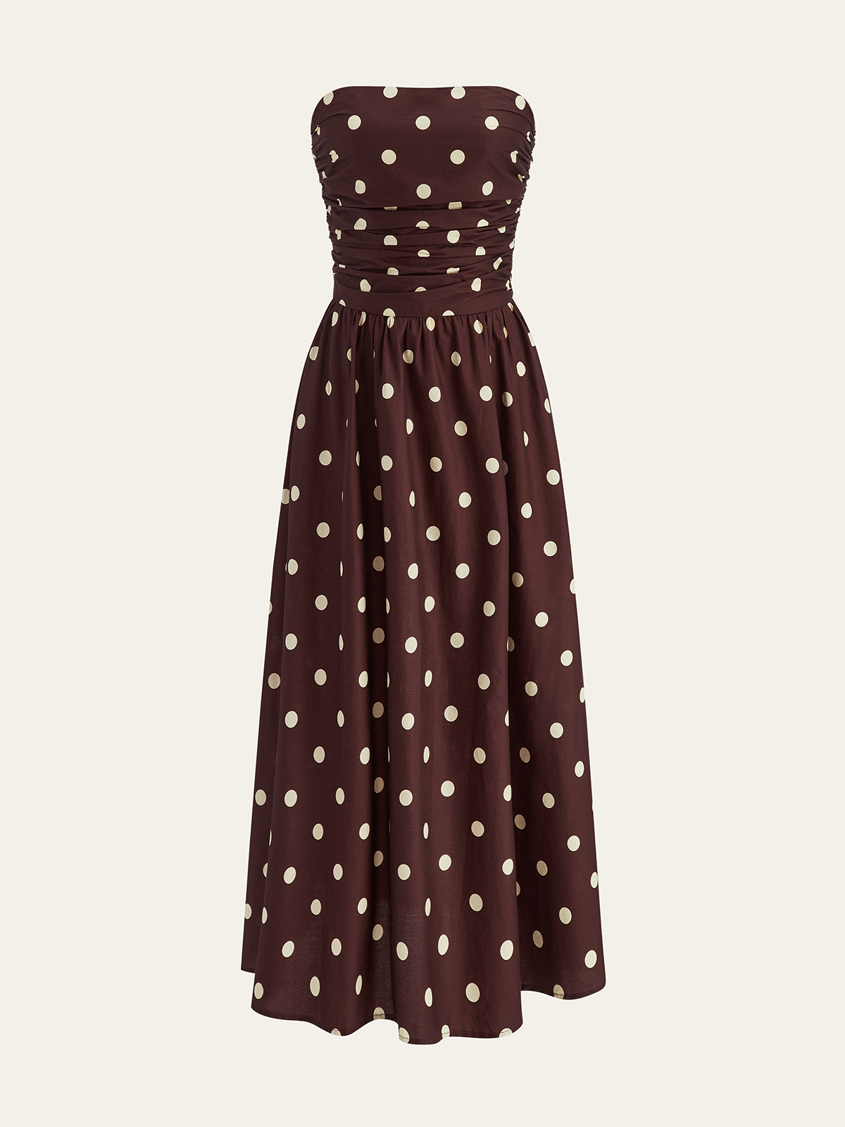 Strapless Polka Dot Ruched Midi Dress-Massicos