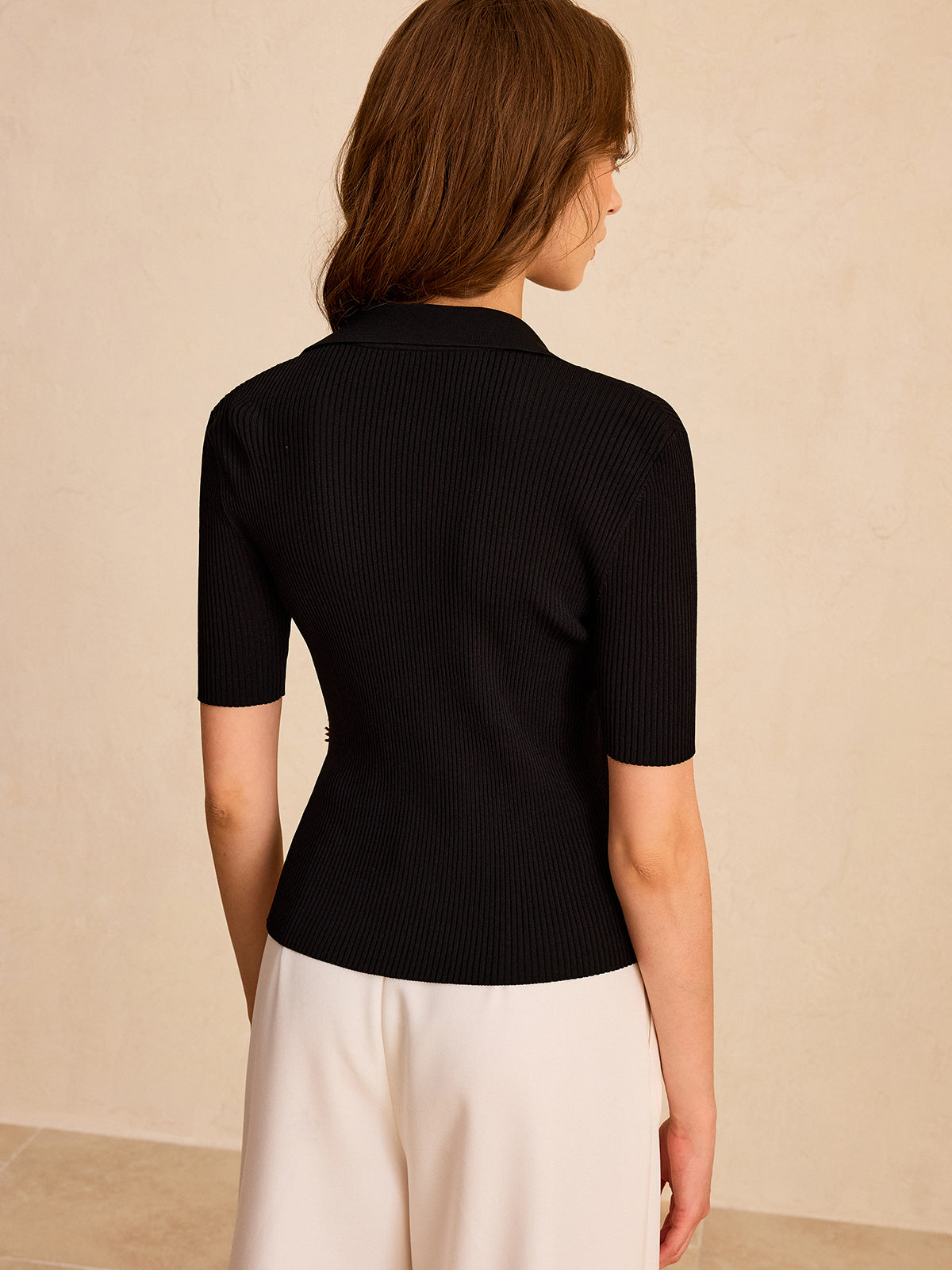 Asymmetric Metal Button Ribbed Knit Polo Top-Massicos