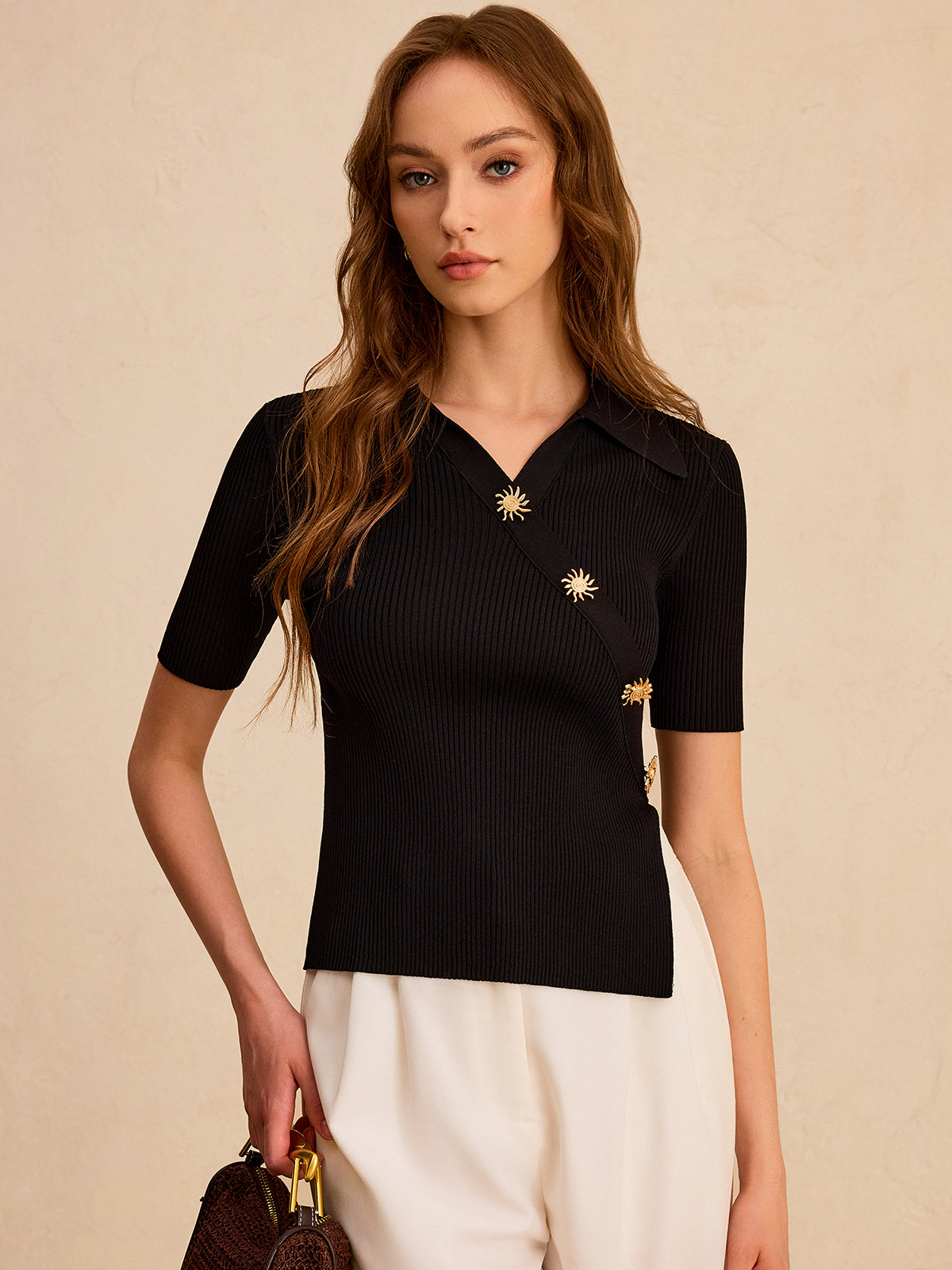 Asymmetric Metal Button Ribbed Knit Polo Top-Massicos