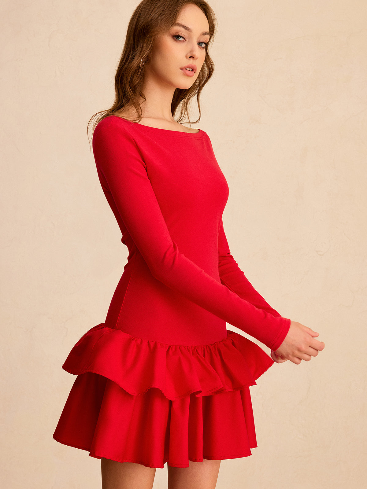 Long Sleeve Tiered Ruffle Mini Dress-Massicos