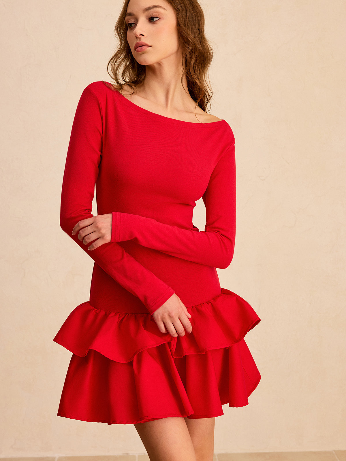 Long Sleeve Tiered Ruffle Mini Dress-Massicos