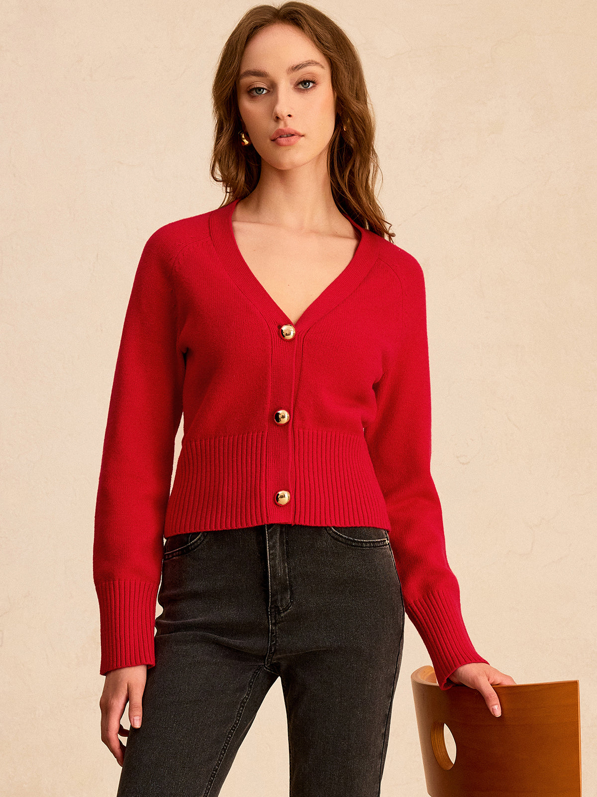 V-Neck Button-Front Knit Cardigan-Massicos