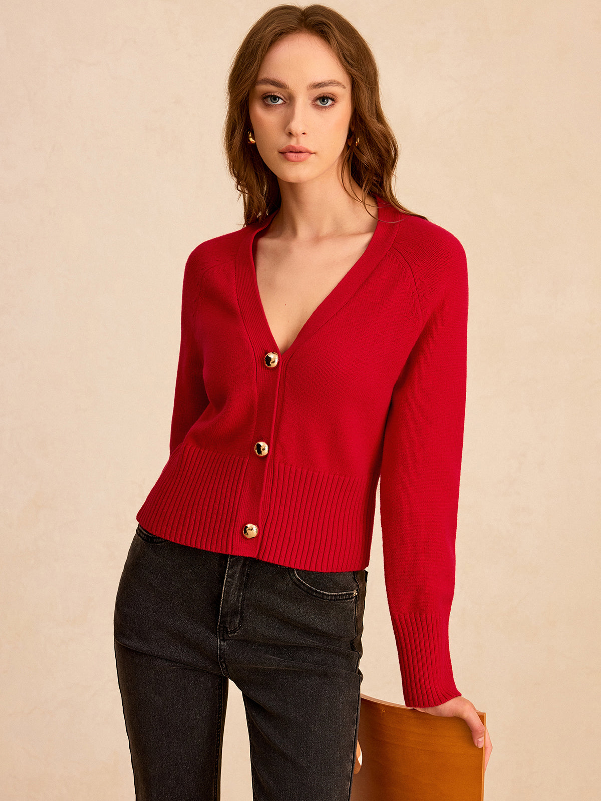 V-Neck Button-Front Knit Cardigan-Massicos