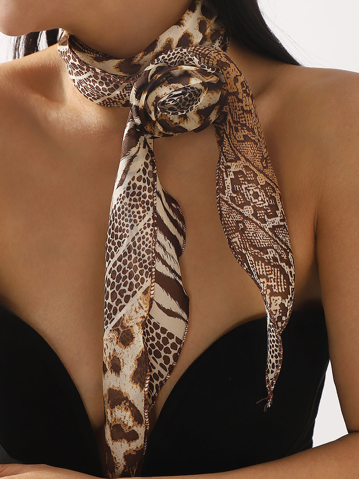 Animal Print Rose Chiffon Scarf-Massicos