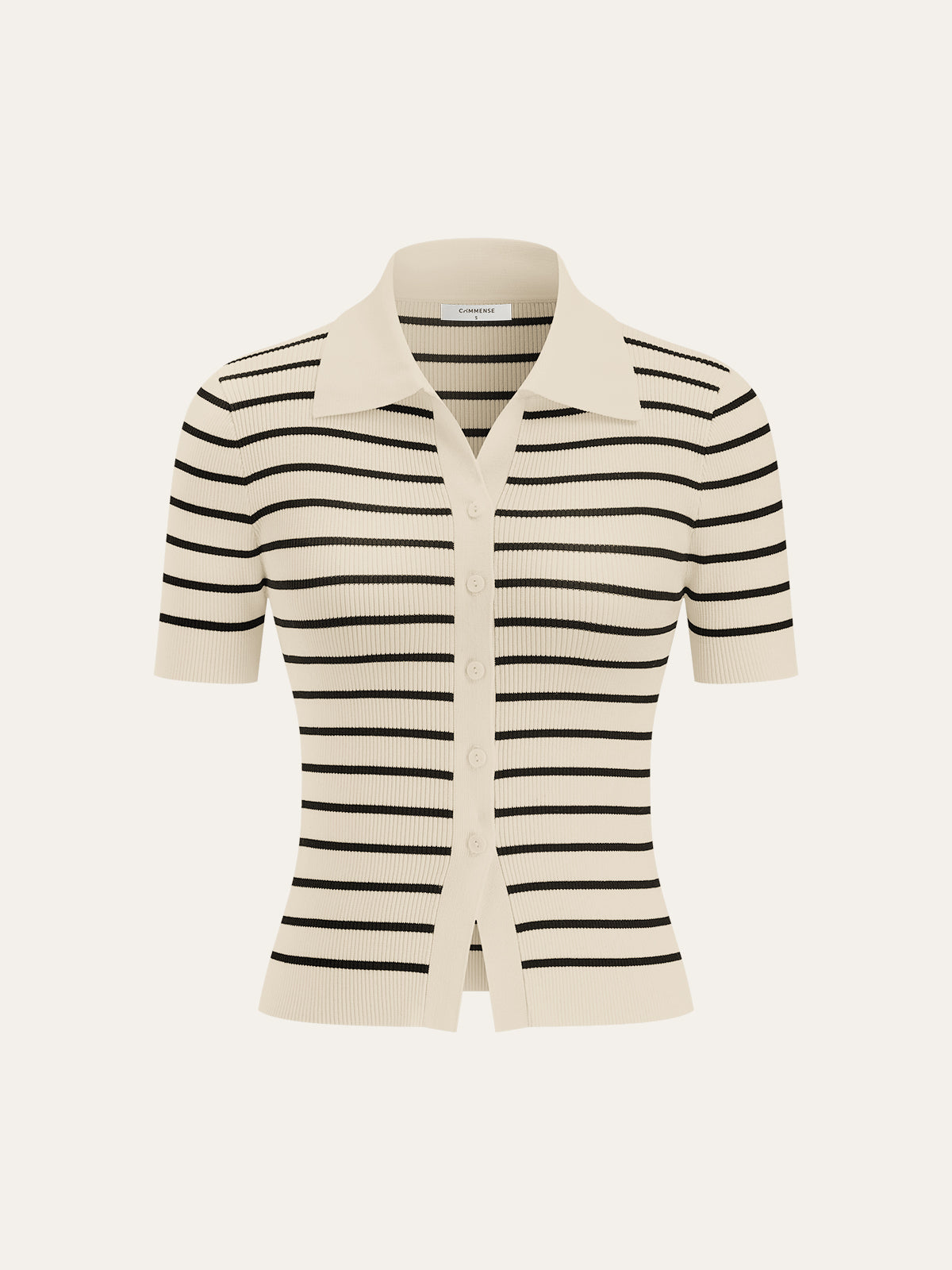 Striped Short-Sleeve Polo Collar Knit Cardigan-Massicos
