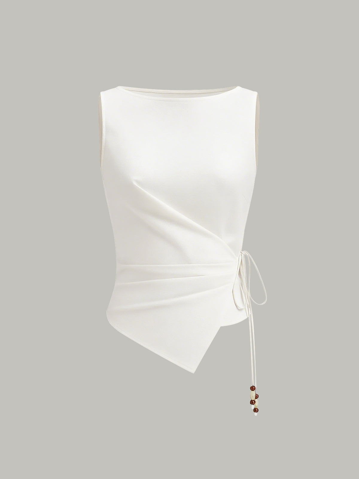 Asymmetric Wrap-Tie Sleeveless Top with Beaded String-Massicos