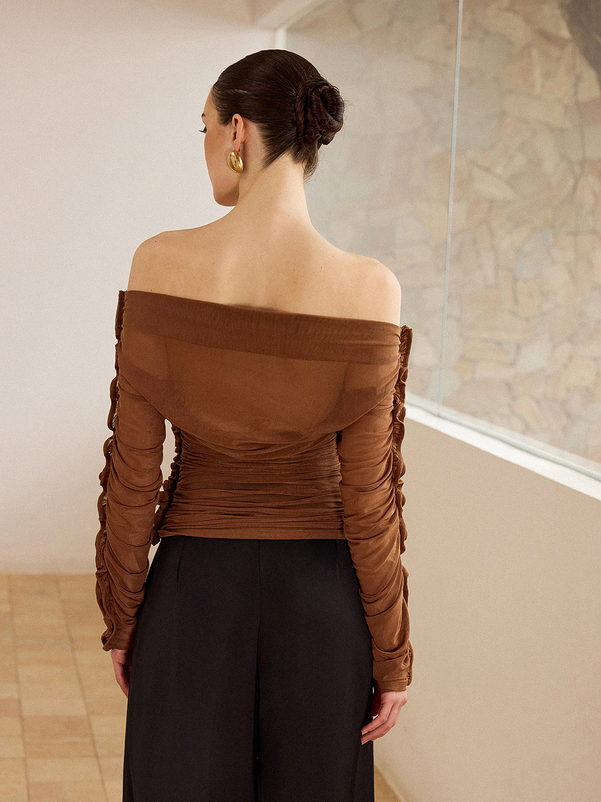 Off-Shoulder Ruched Top with Ruffled Sleeves-Massicos