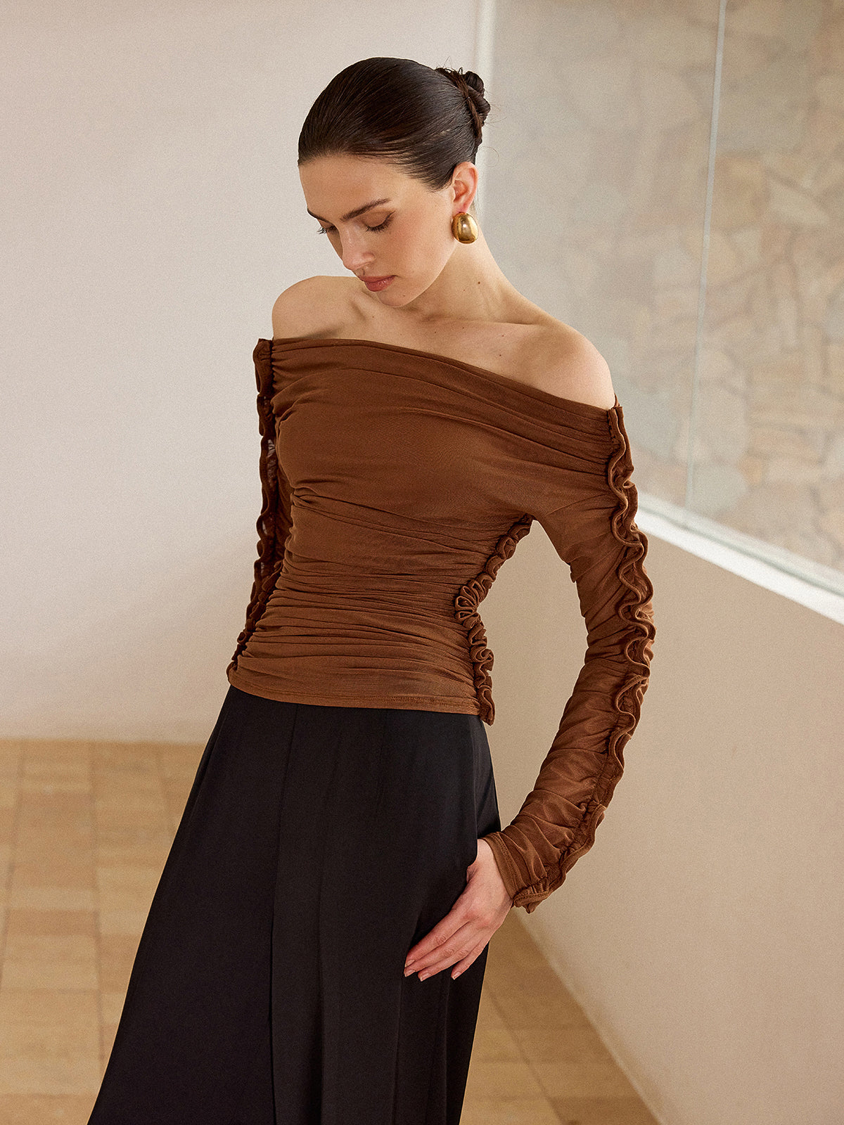 Off-Shoulder Ruched Top with Ruffled Sleeves-Massicos