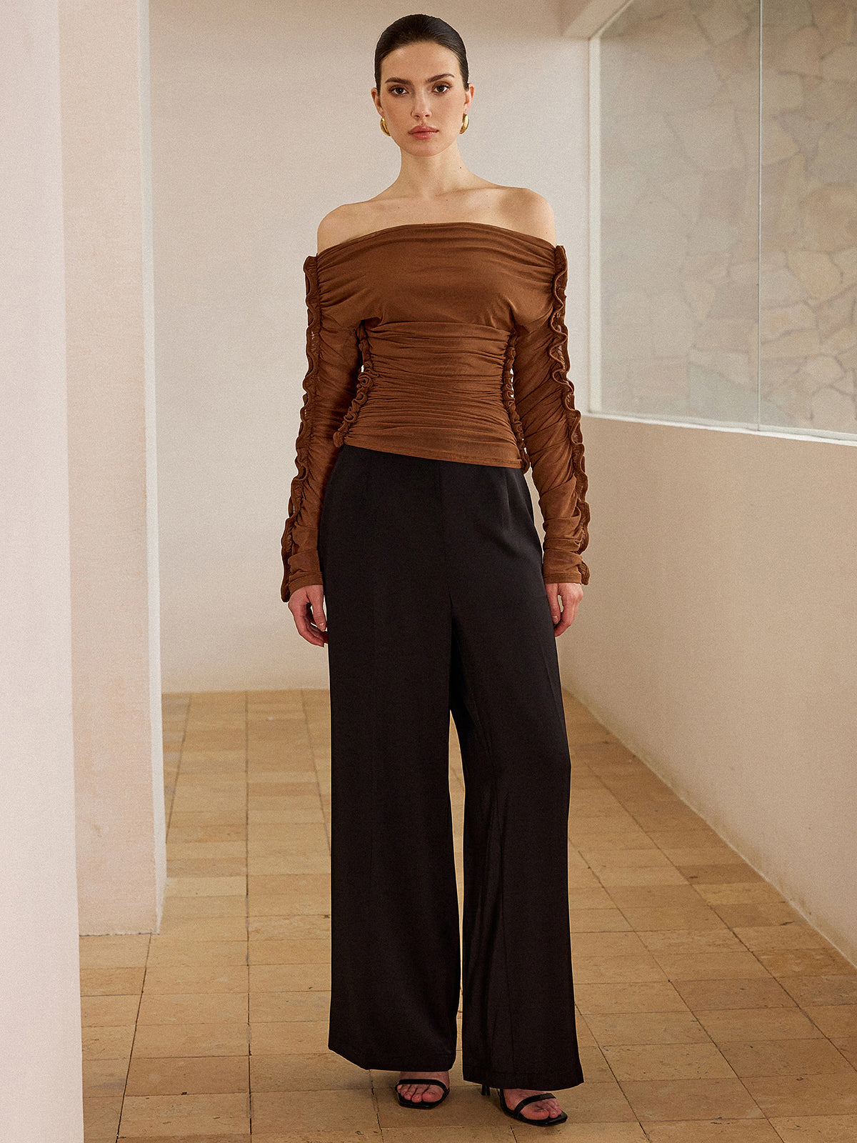 Off-Shoulder Ruched Top with Ruffled Sleeves-Massicos