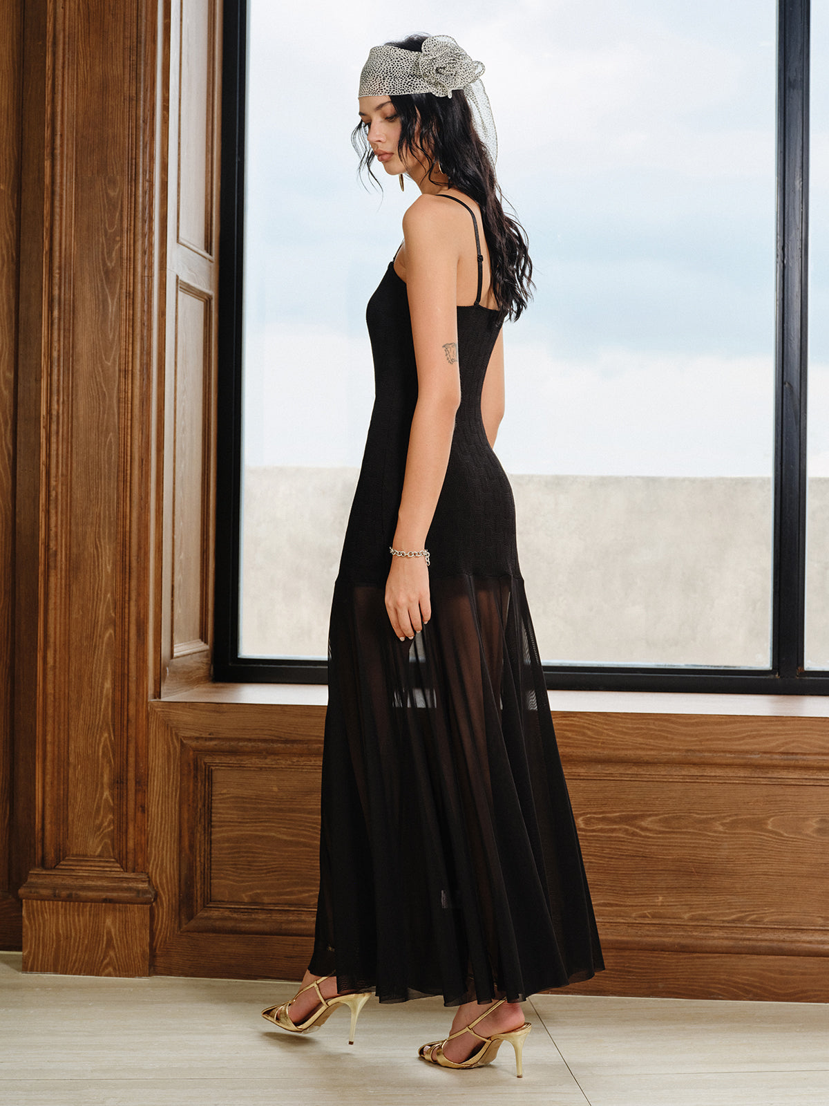 Semi-Sheer Mesh Panel Textured Maxi Dress-Massicos