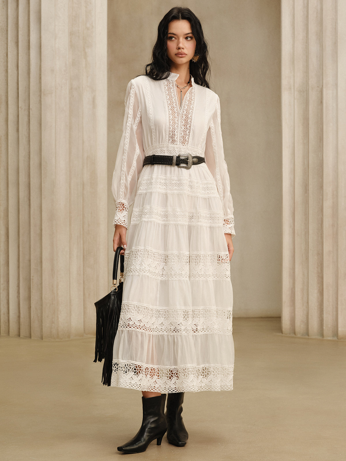 Semi-Sheer Lace Panel Maxi Dress without Belt-Massicos