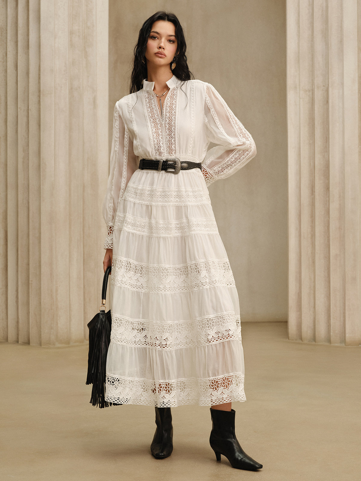 Semi-Sheer Lace Panel Maxi Dress without Belt-Massicos