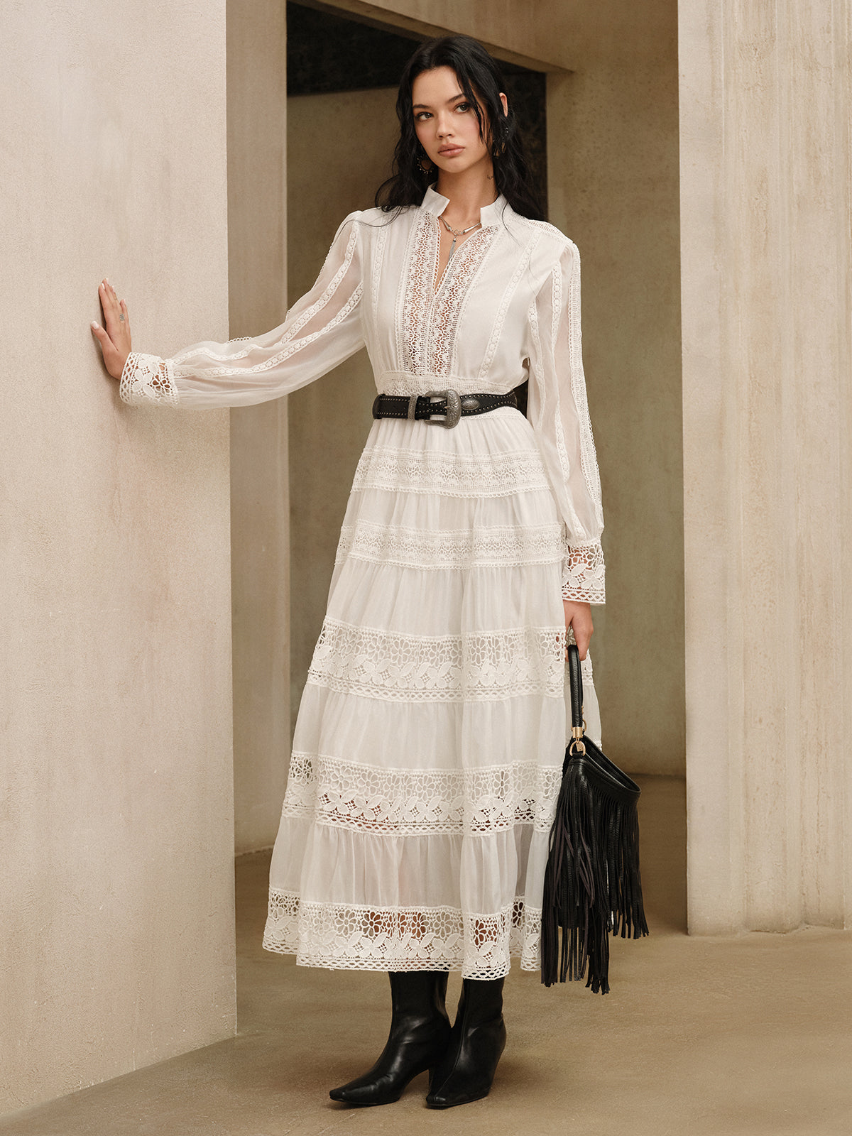Semi-Sheer Lace Panel Maxi Dress without Belt-Massicos