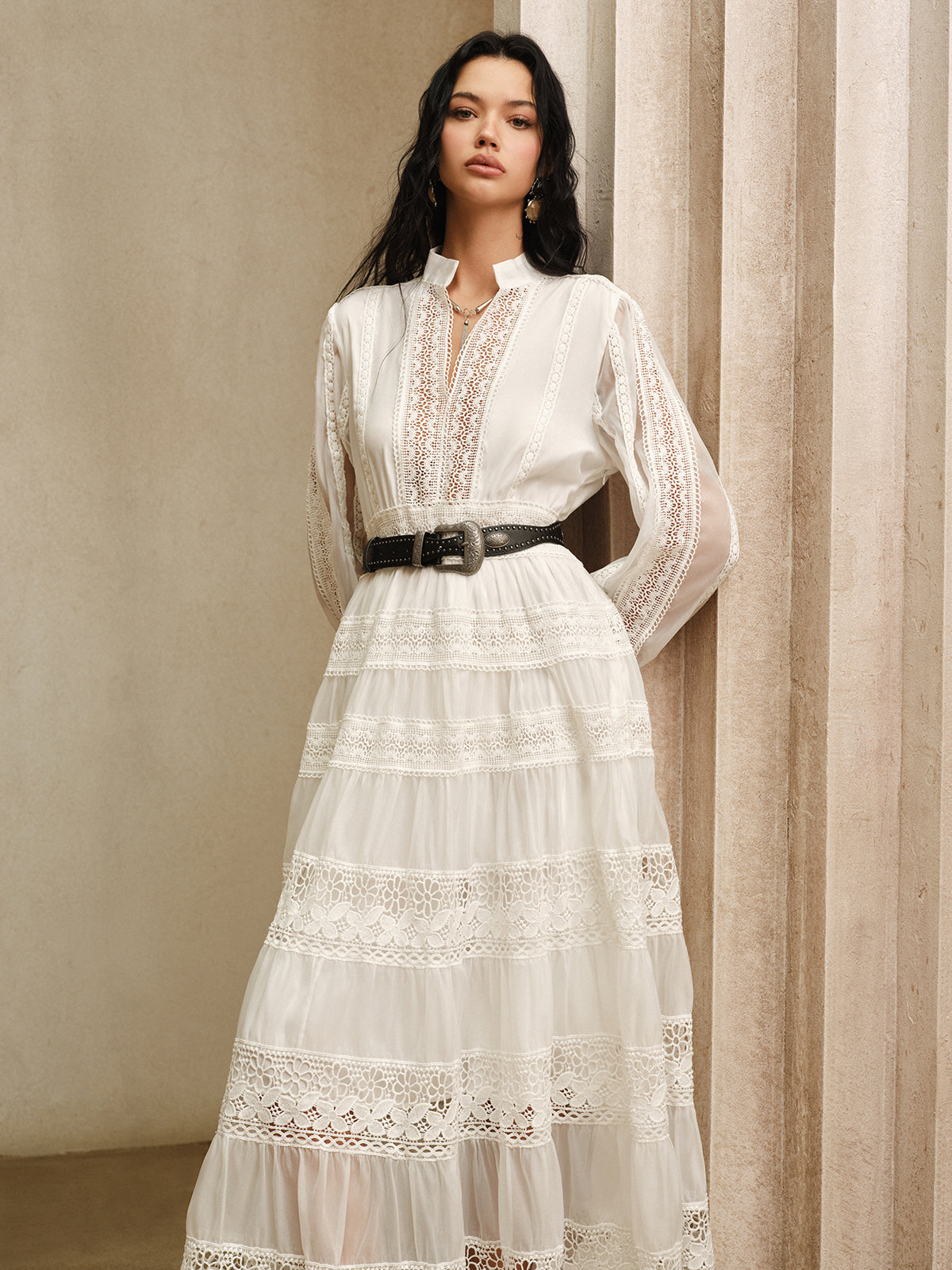 Semi-Sheer Lace Panel Maxi Dress without Belt-Massicos
