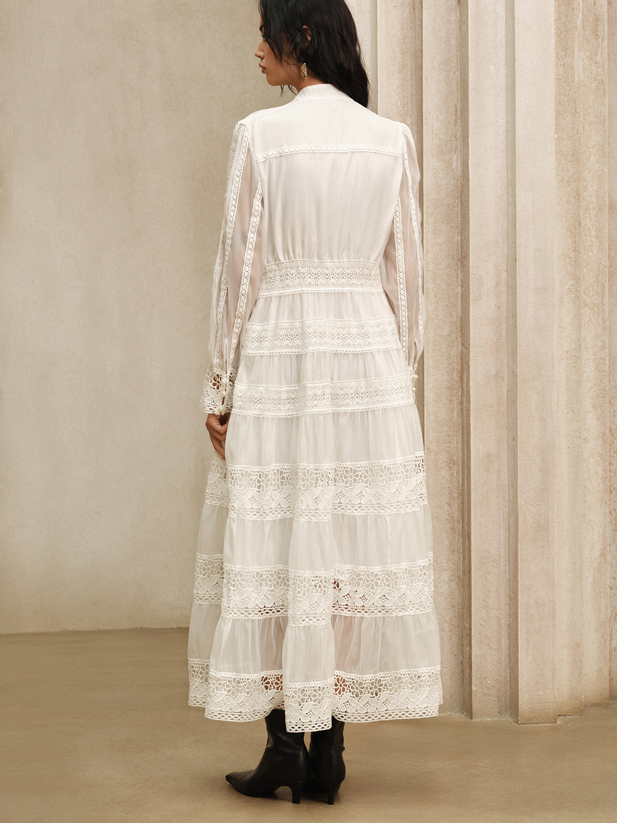 Semi-Sheer Lace Panel Maxi Dress without Belt-Massicos