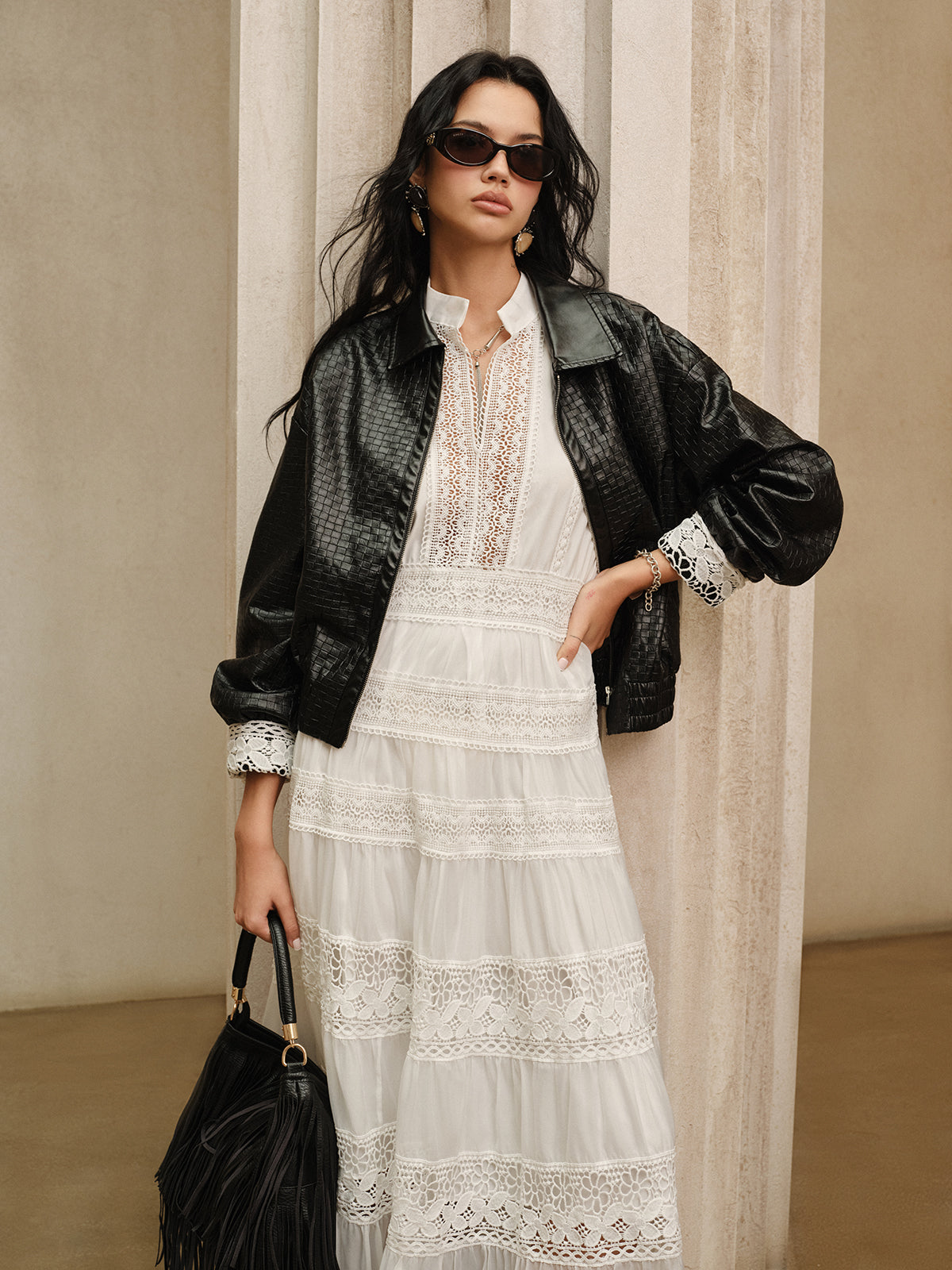 Semi-Sheer Lace Panel Maxi Dress without Belt-Massicos